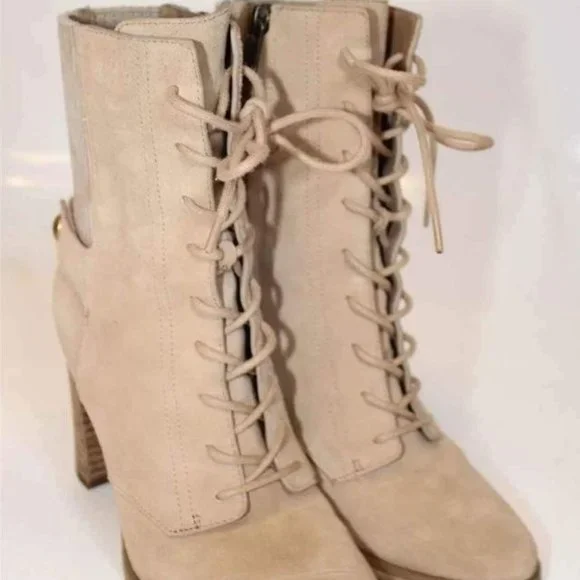 Michael Kors MK Designer Womens Beige Leather Booties Heels Boots Size 5.5 - Picture 3 of 8